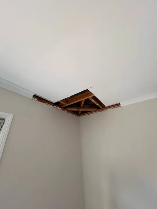 Ceiling opened for inspection, checking the framing for moisture and mould.