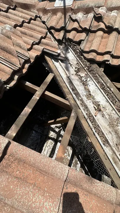 Old sheeting and sarking under the valley, assessed for asbestos before anything is disturbed.