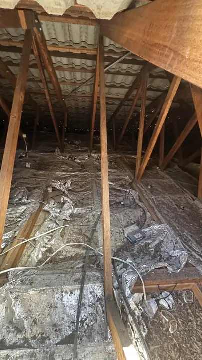 Roof space with sarking and old roof sheeting, inspected for suspect material.