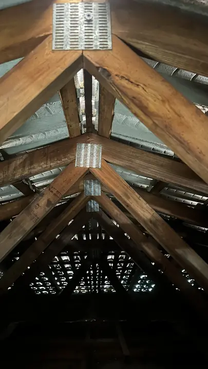Roof trusses from inside the roof space, checked for moisture and suspect materials.
